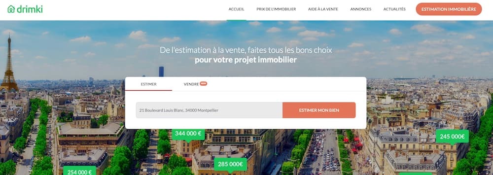 Page d'accueil de Drimki estimation immobilière